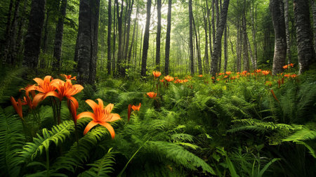 Beautiful orange lilies in the green forest. Summer landscape.の写真素材