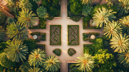 Aerial view of beautiful tropical garden with palm trees and green plantsの素材