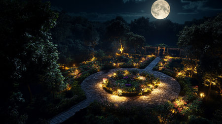 Fantasy garden at night with full moon. 3D rendering.の写真素材
