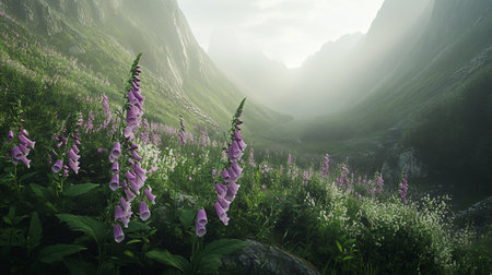Digitalis purpurea flowers in the mountains at dawn with fogの写真素材