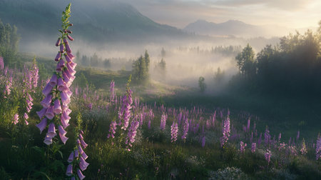 Beautiful summer landscape with pink foxglove flowers in mountains at sunriseの写真素材