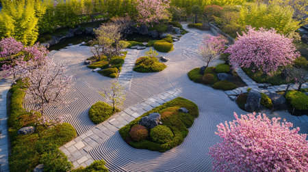 Aerial view of Japanese garden with cherry blossom trees in springの写真素材