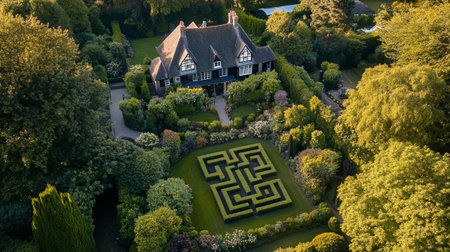 Aerial view of the beautiful English country house in the park.の写真素材