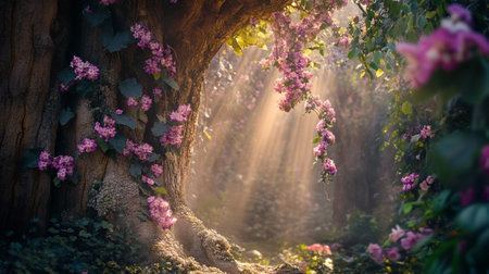 Beautiful pink flowers in the garden under a tree with sun raysの写真素材