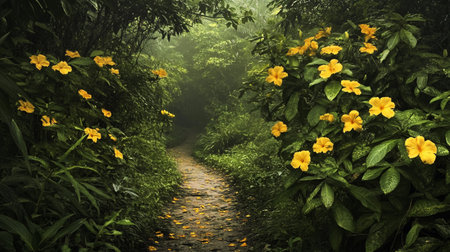 Climbing path in the tropical rainforest with yellow flowers.の写真素材
