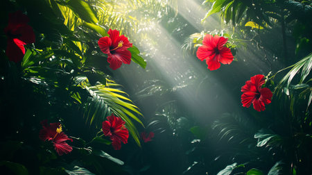 Red hibiscus flower in tropical garden with sunlight and shadowの写真素材