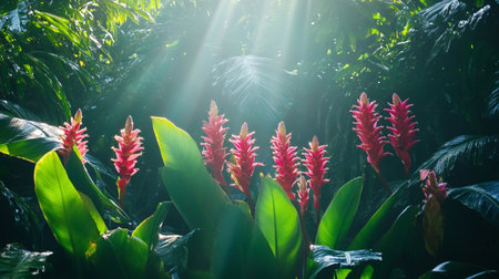 Beautiful tropical flowers in the botanical garden on a sunny dayの写真素材
