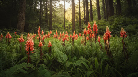 Red flowers in the forest at sunset. Beautiful nature scene with red flowers.の写真素材