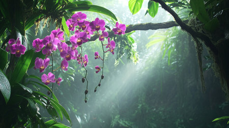 Beautiful purple orchid flower in the rainforest with light beamの写真素材