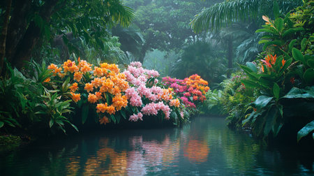 Beautiful tropical garden with pond and flowers. Selective focus.の写真素材