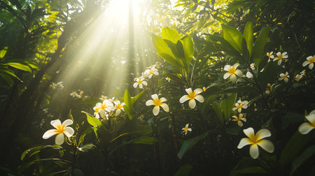Frangipani flower in the garden with sun light, Thailand.の写真素材