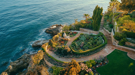 Aerial view of the beautiful garden in luxury villa on the seaの写真素材