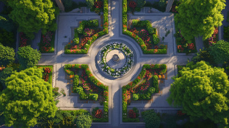 Aerial view of beautiful flower garden in the city. Top view.の写真素材