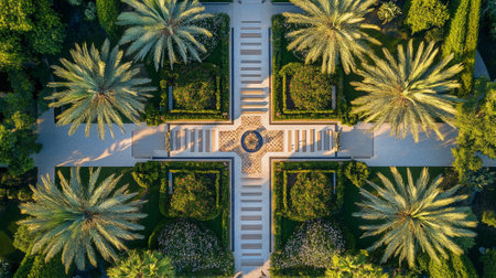 Aerial view of beautiful garden with palm trees in the evening.の写真素材
