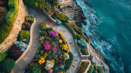 Aerial view of beautiful tropical flower garden with sea and rock.の写真素材