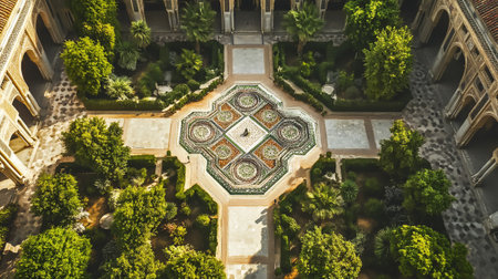 Aerial view of the gardens of the Royal Palace in Madrid, Spainの写真素材