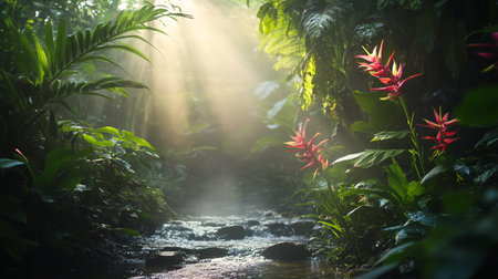 beautiful tropical rainforest in the morning with sun rays and lens flareの写真素材