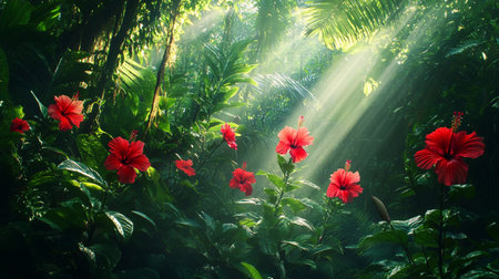 Red hibiscus flowers in a tropical garden with sunlight.の素材