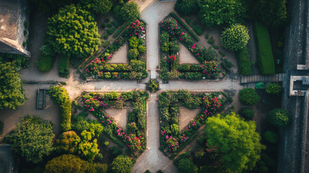 Aerial view of beautiful garden with green trees and bushes in summerの写真素材