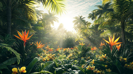 Beautiful tropical garden with palm trees, flowers and sunbeamsの写真素材