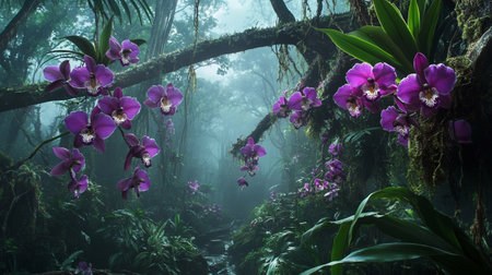 Beautiful purple orchids in tropical rainforest - 3D renderの写真素材