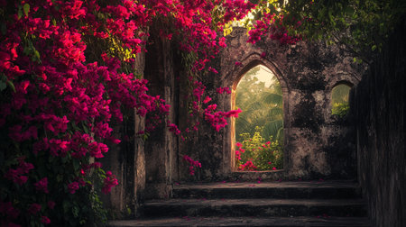 Bougainvillea flowers in the old castle door with sunlightの写真素材