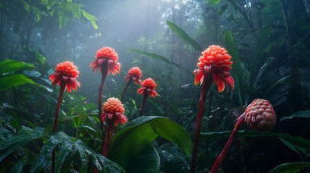 Red flowers in the rainforest, Bali, Indonesiaの写真素材
