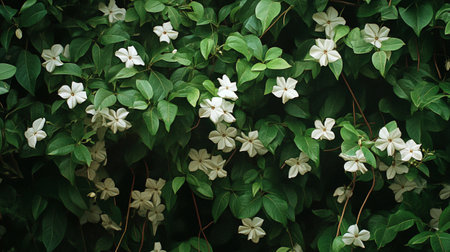 White flowers on green leaves background. Beautiful nature scene with white flowers.の写真素材
