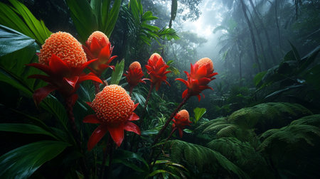 Beautiful red flowers in a tropical rainforest.の写真素材