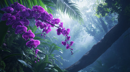 Purple orchids in tropical rainforest. 3D Renderingの写真素材