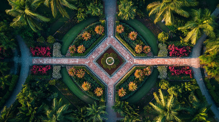 Aerial view of beautiful ornamental garden with palm trees and flowersの写真素材