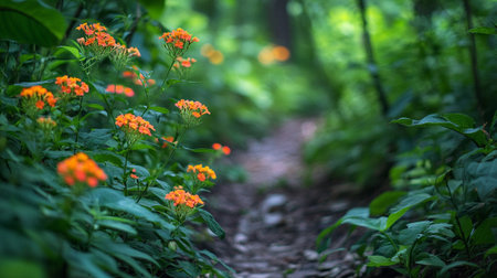 climbing path in the forest with orange flowers and green leavesの写真素材