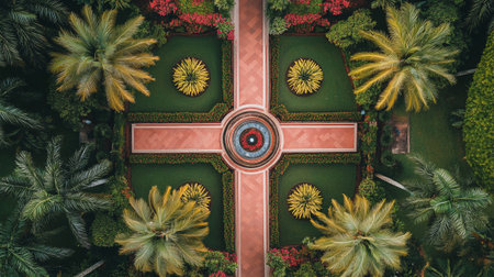 Top view of beautiful tropical garden with green palm trees and flowers.の写真素材