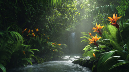Tropical rainforest with a waterfall and flowers in the foregroundの写真素材