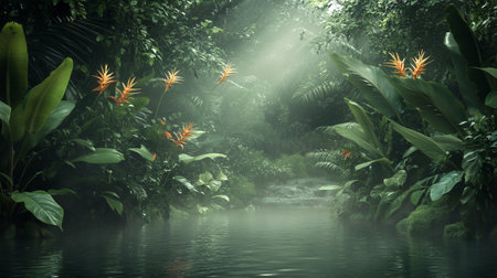 Tropical rainforest with bird of paradise flowers and sunlight.の写真素材