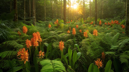 Orange flowers in the tropical forest at sunset. Beautiful nature background.の写真素材