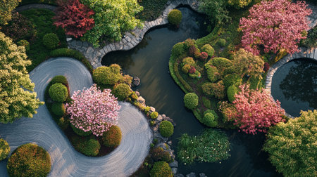 Aerial view of beautiful blooming garden with pond and trees.の写真素材