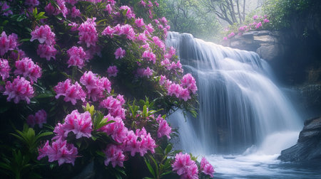 Azalea flowers and waterfall in the rainforest of Thailand.の写真素材