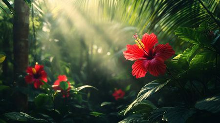 Red hibiscus flower in tropical garden with sunlight and shadowの写真素材