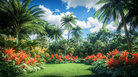 Beautiful tropical garden with palm trees and flowers on blue sky backgroundの写真素材