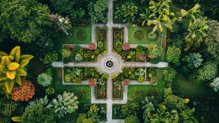 Aerial view of beautiful ornamental garden with green plants and treesの素材