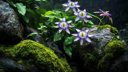 Passion flower in the garden with green moss and rock background.の写真素材