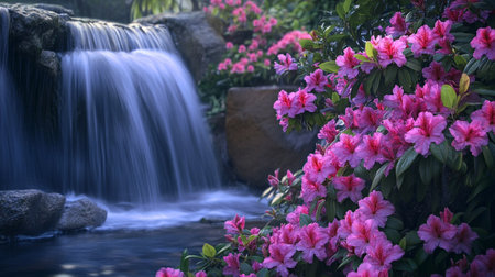 Pink azalea flowers and waterfall in the garden, Thailand.の写真素材