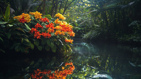 Beautiful tropical garden with orange and yellow flowers and reflections in waterの写真素材