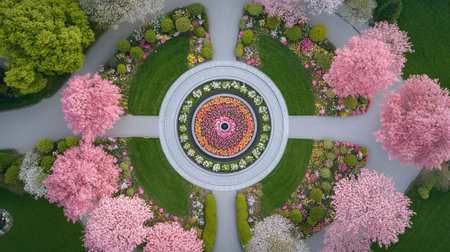 Cherry blossom garden in spring time. Top view.の写真素材