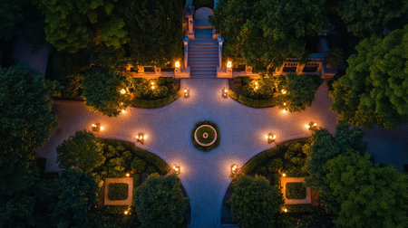 Aerial view of garden at night. Top view of garden with lanterns.の写真素材