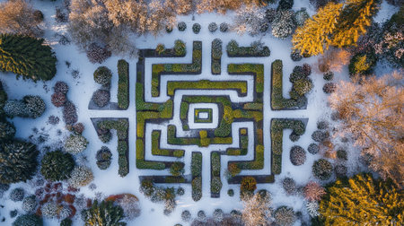 Aerial view of a maze in winter forest. Top view.の写真素材