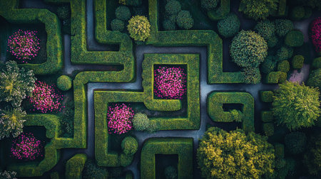 Top view of garden maze with flowers and trees. 3d renderingの写真素材