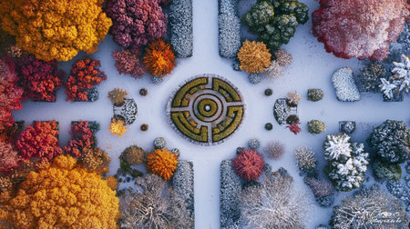 3d render. Winter landscape with snow covered trees. Top view.の写真素材