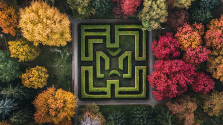 Aerial view of a maze in the autumn forest. Top view.の写真素材